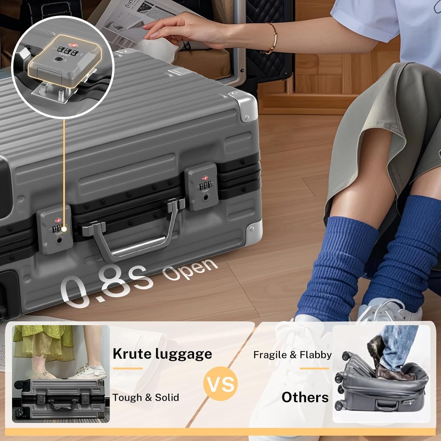 Checked Luggage Aluminum Frame Suitcase with Wheels PC ABS Hardside Zipperless with TSA Lock 28 Inch Gray
