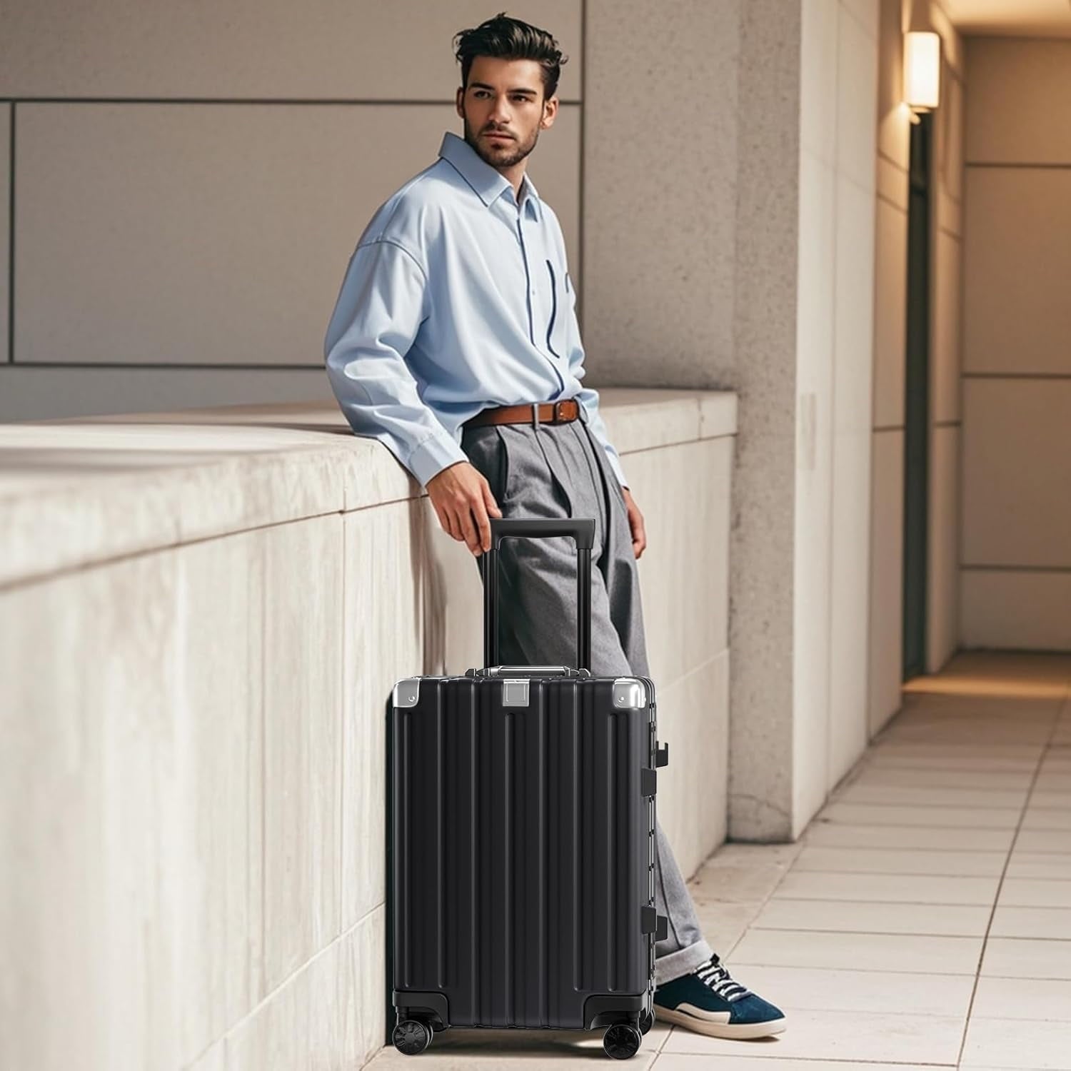 Checked Luggage Aluminum Frame Suitcase with Wheels PC ABS Hardside Zipperless with TSA Lock 28 Inch Black