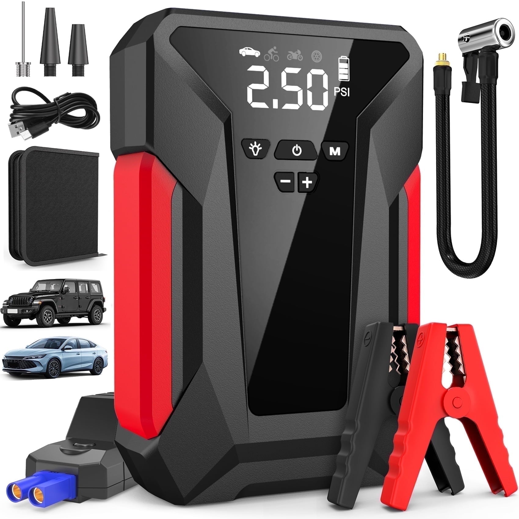 8-in-1 Emergency Jump Starter & Tire Inflator – 4000A Peak for Gas/Diesel Engines, 150PSI Auto-Stop Air Compressor, LED Light + Power Bank | All-Climate (-40°F) Roadside Savior