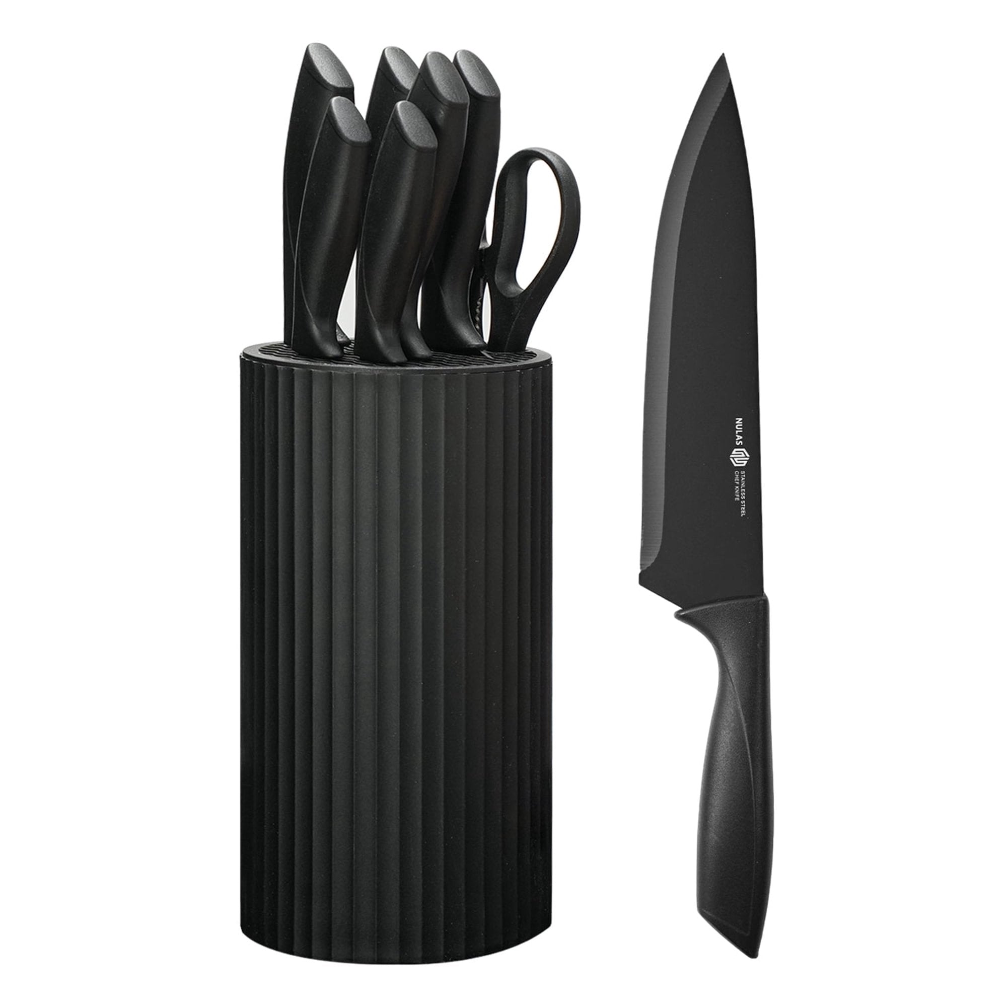 NULAS 8-Piece Kitchen Knife Set with Block for Chef, Stainless Steel Sharp Knives, Anti-Rust, Ergonomic Handle - Black