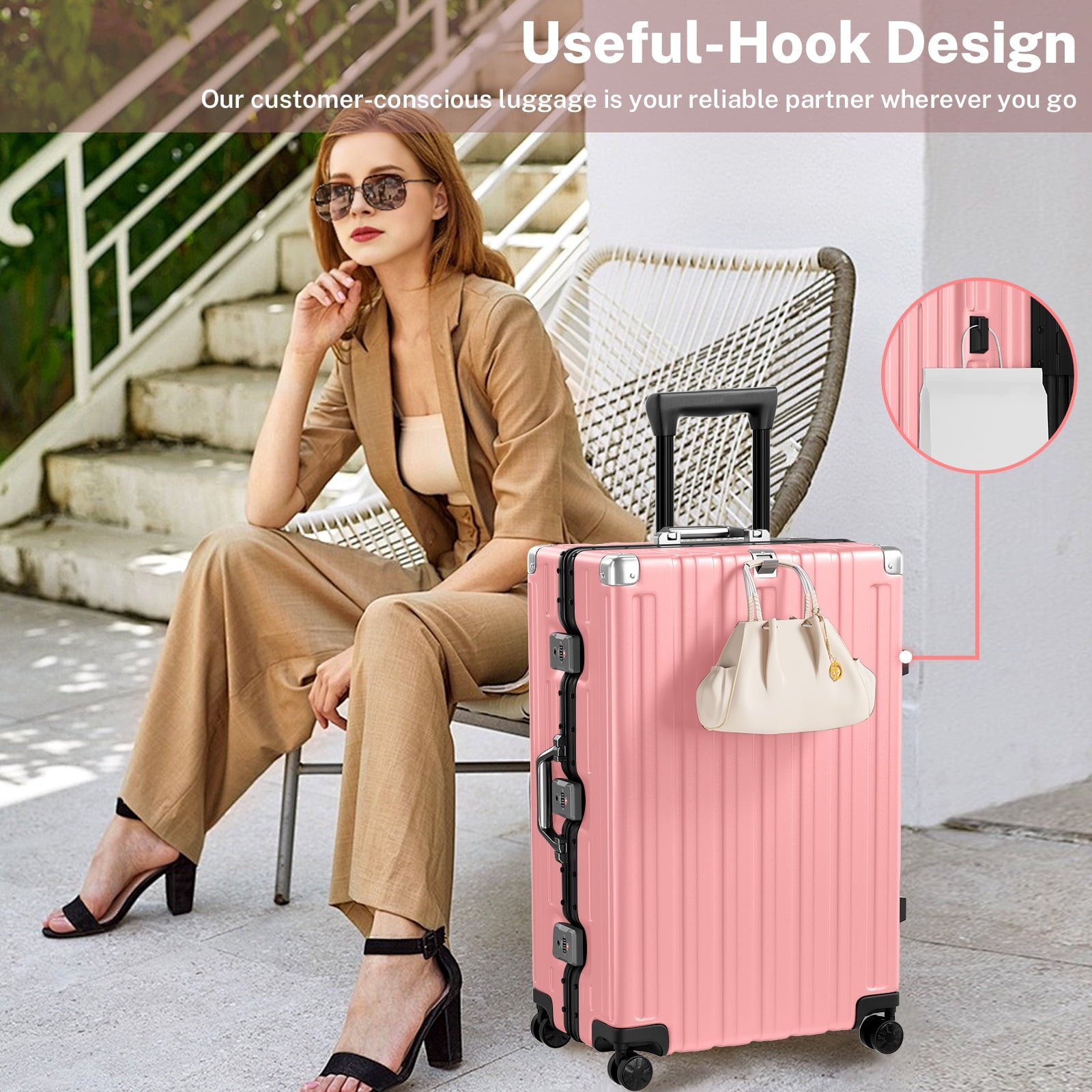 Checked Luggage Aluminum Frame Suitcase with Wheels PC ABS Hardside Zipperless with TSA Lock 28 Inch Pink